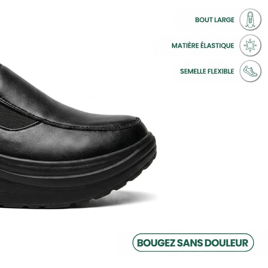 Gros plan sur la pointe large noire, avec icônes de matière élastique et de semelle flexible 5