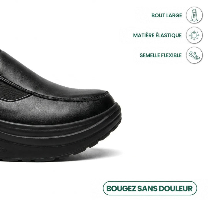 Gros plan sur la pointe large noire, avec icônes de matière élastique et de semelle flexible 5