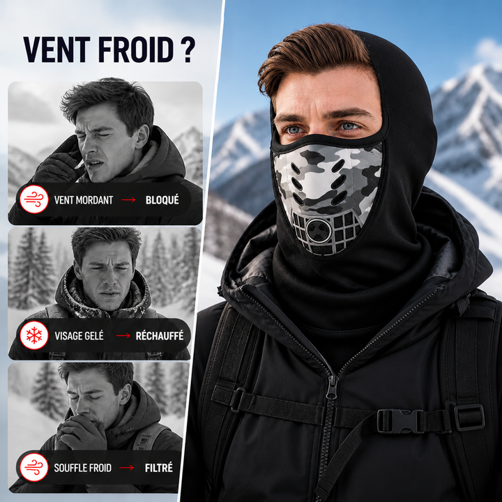 Homme portant la cagoule noire avec panneau camouflage ventilé, entouré de trois vignettes illustrant protection contre le vent, le froid et l'air glacé. 2
