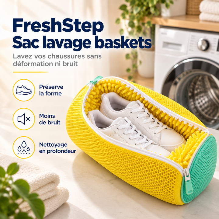 Sac de lavage jaune et turquoise ouvert avec des baskets blanches, devant un lave-linge 1