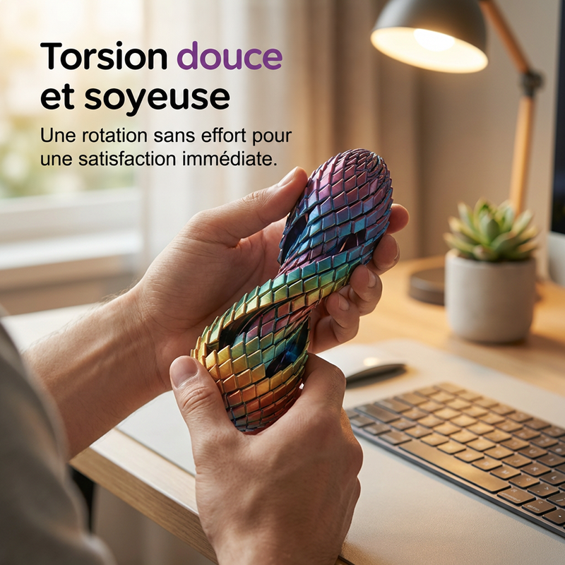 Deux mains tordent l'œuf en spirale aux reflets multicolores, sur un bureau avec clavier, lampe et plante verte. 4