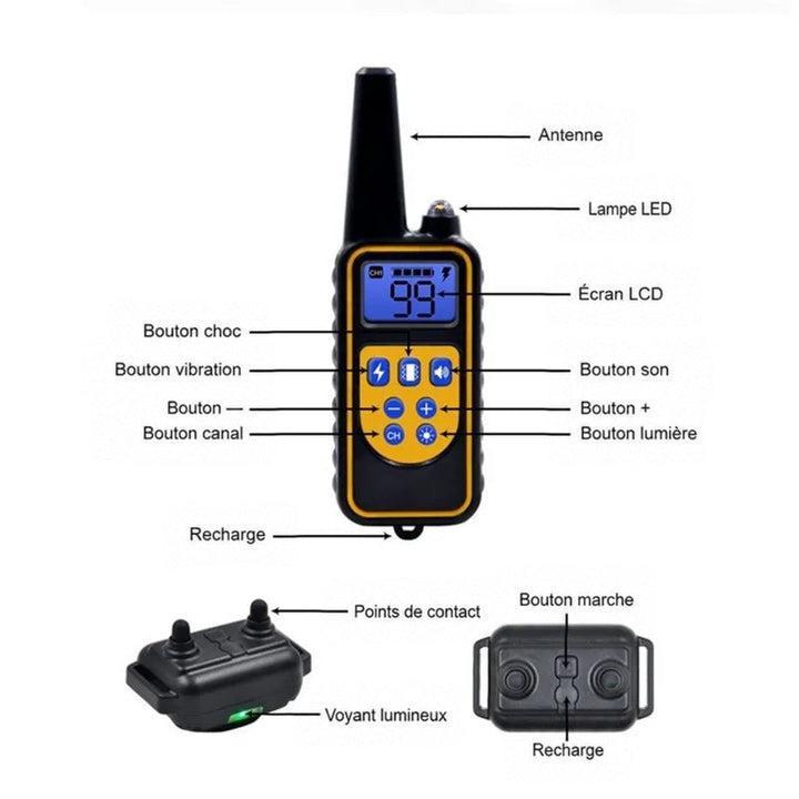 Schéma annoté de la télécommande avec ses boutons et du récepteur avec points de contact et voyant 8