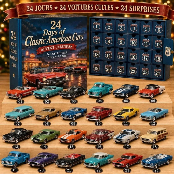Calendrier en bois bleu aux vingt-quatre tiroirs numérotés, entouré des voitures américaines classiques rangées sur des 2
