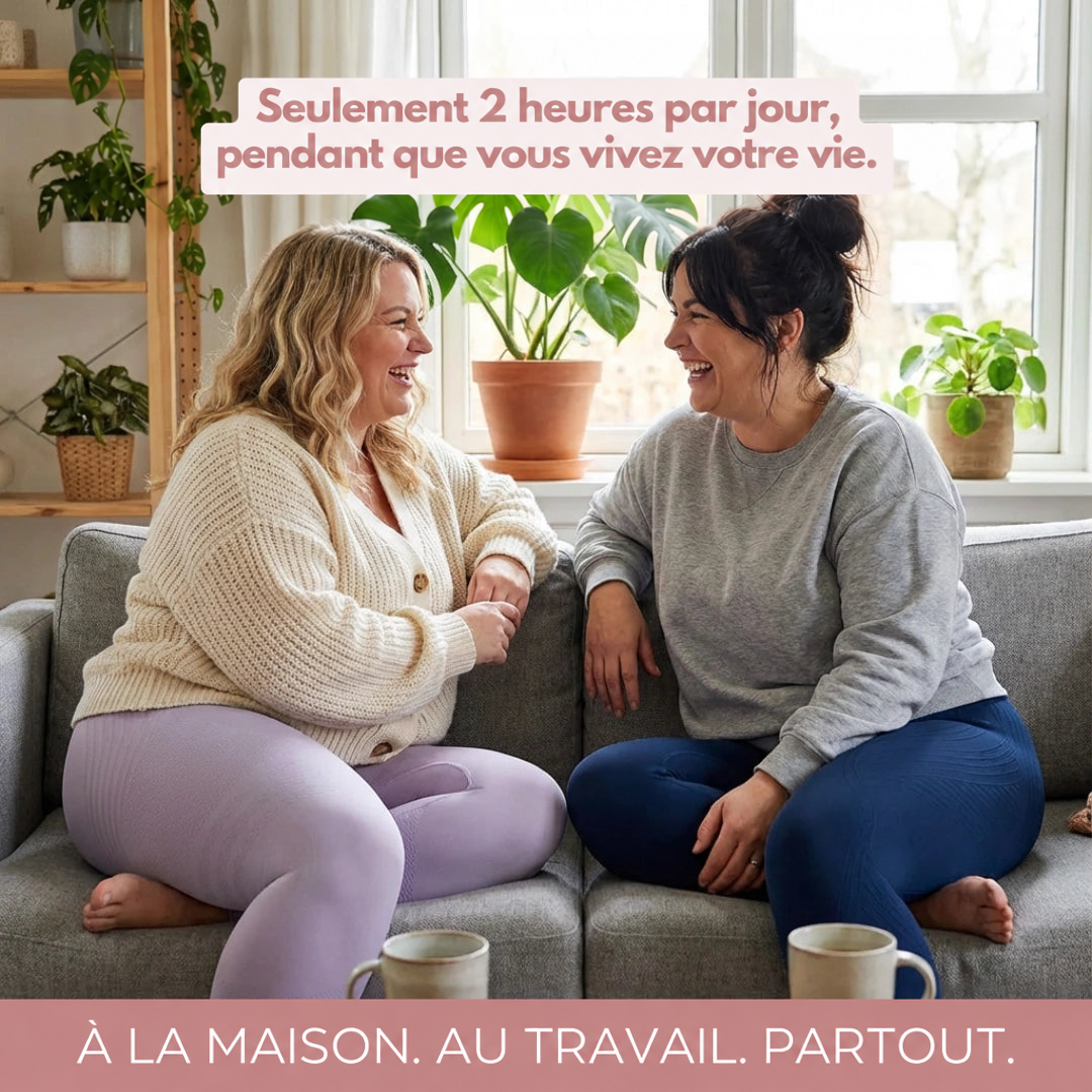 Deux femmes assises en riant sur un canapé gris, l'une en leggings lilas, l'autre en leggings bleu marine, avec deux tasses devant elles. 16