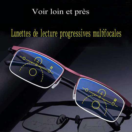 Lunettes à monture rouge-bordeaux demi-cerclée, repères des zones de vision lointaine, intermédiaire et proche sur les 2