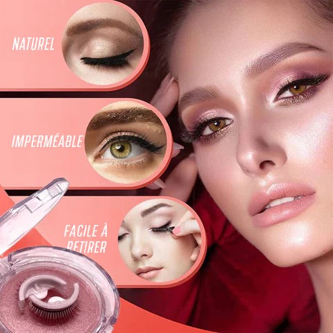 Portrait d'une femme au maquillage rose et trois médaillons montrant le rendu naturel, la tenue à l'eau et le retrait facile, avec le boîtier en bas. 3