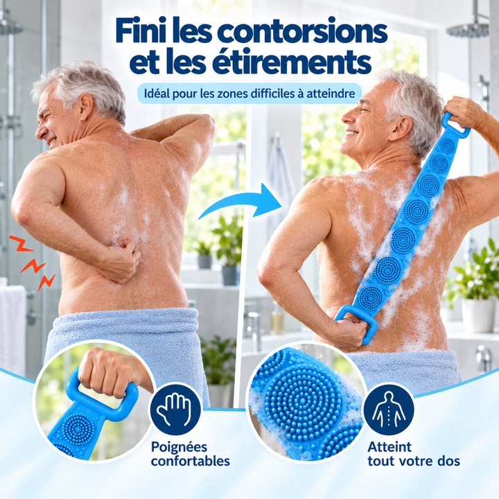 Avant-après : un homme gêné pour se laver le dos, puis soulagé avec la bande bleue 2