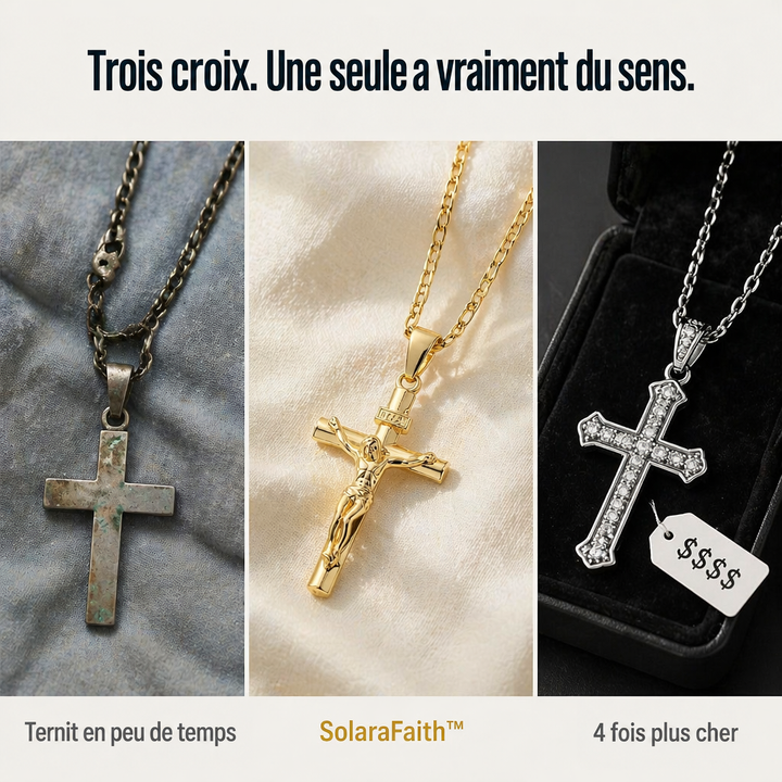 Comparaison de trois croix : une ternie, le crucifix doré au centre, une croix argentée ornée de strass 5