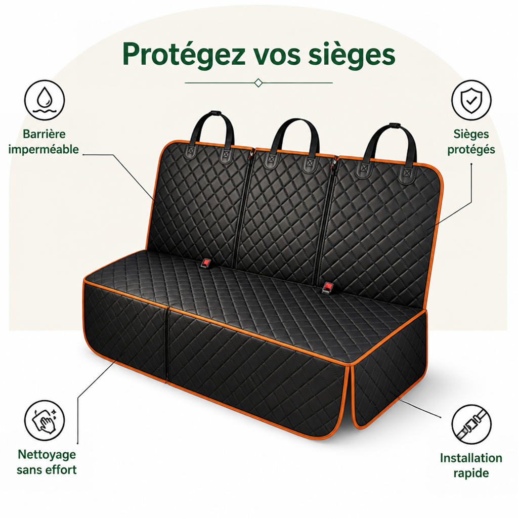 Vue en volume de la housse noire matelassée à liseré orange, avec trois sangles d'appui-tête, fermetures et rabats latéraux. 2