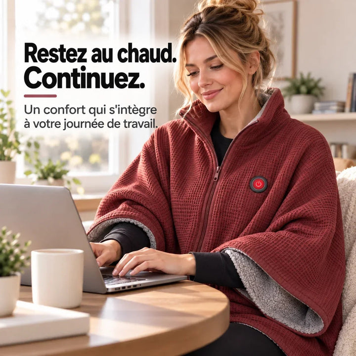 Femme travaillant sur son ordinateur portable à une table, la couverture rouge doublée sur les épaules 11