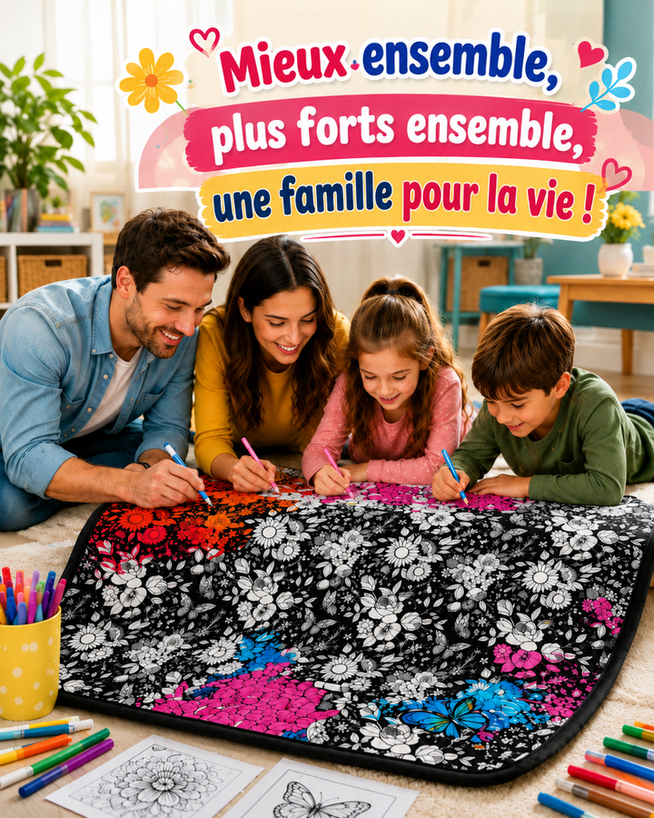 Famille allongée au sol coloriant ensemble les fleurs du plaid avec des marqueurs, certaines zones déjà colorées 3