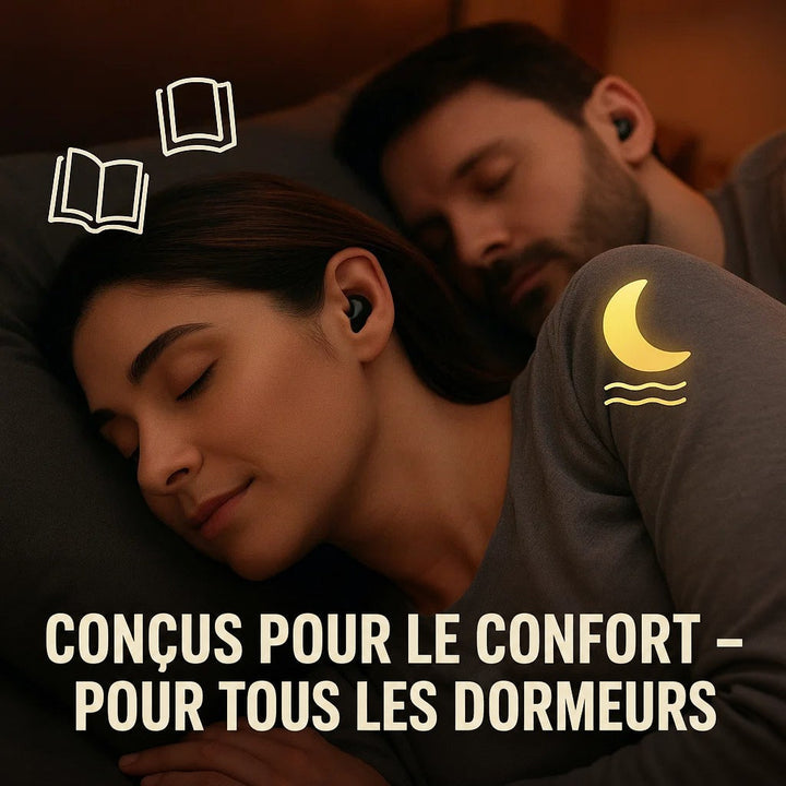 Couple endormi côte à côte dans la pénombre, chacun portant un petit écouteur noir 6