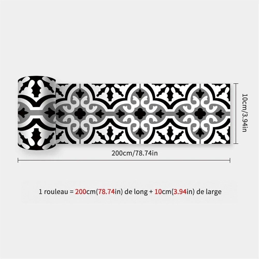 Rouleau de bande à motif géométrique ornemental noir, blanc et gris, dimensions affichées 36
