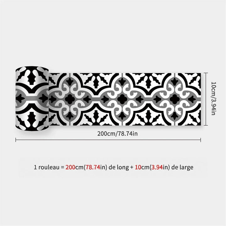 Rouleau de bande à motif géométrique ornemental noir, blanc et gris, dimensions affichées 36