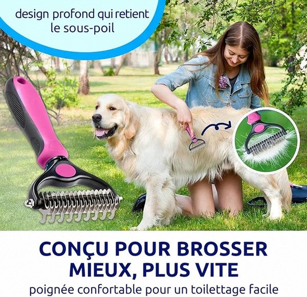 Jeune femme qui brosse un golden retriever dans l'herbe avec un peigne rose, accompagnée d'un gros plan sur le poil récolté. 8