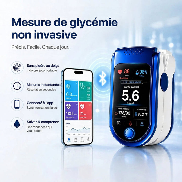 Blauw-witte meter met Bluetooth-symbool naast een smartphone die de gesynchroniseerde meetwaarden en trendgrafiek in een app toont. 9
