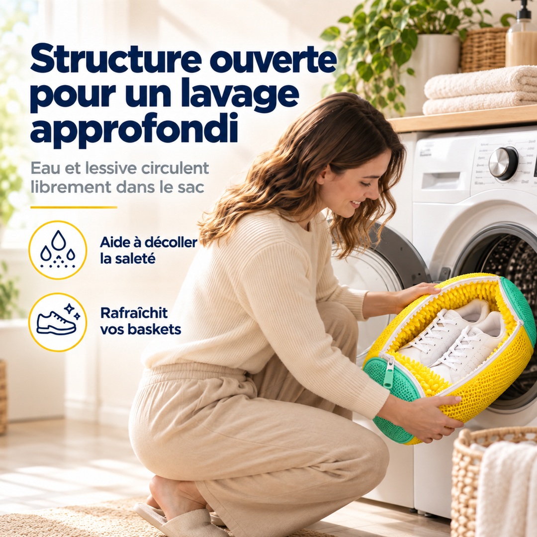 Femme accroupie glissant le sac jaune et turquoise contenant des baskets dans le lave-linge 4