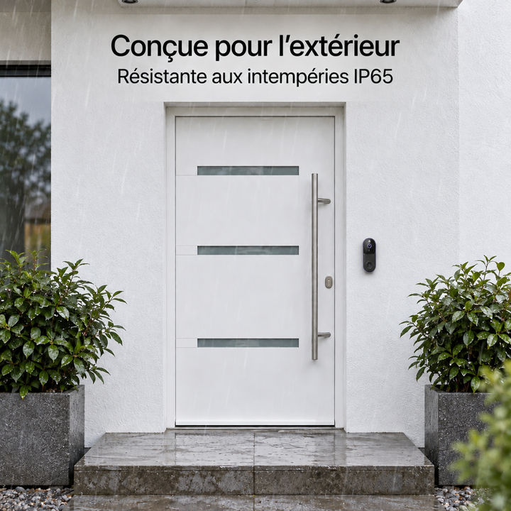 Sonnette installée à côté d'une porte blanche sous la pluie, illustrant sa résistance aux intempéries 4