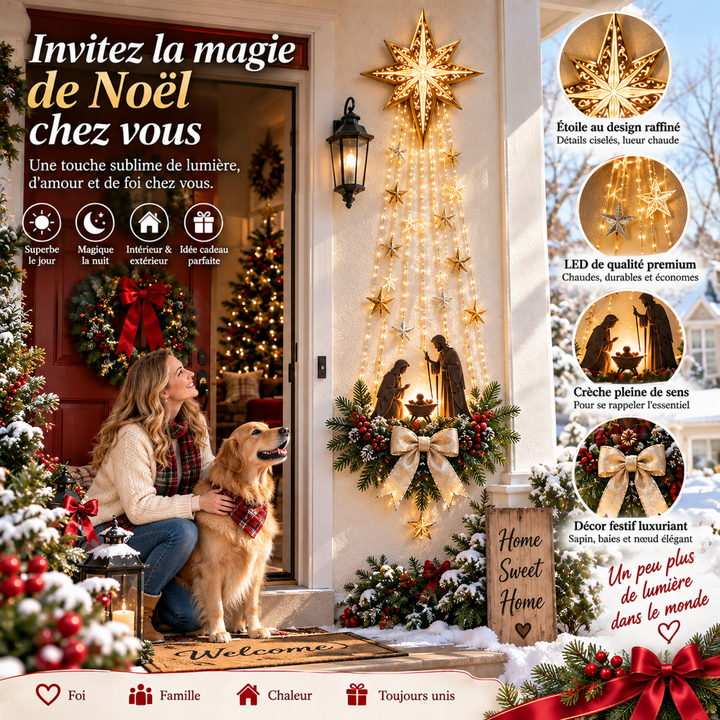 Femme et chien devant une porte rouge, décoration murale allumée sur la façade et quatre vignettes de détails 8