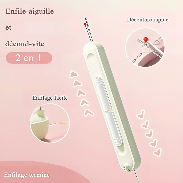 Outil blanc cassé avec découd-vite à tête rouge, entouré de deux vignettes montrant le découpage et l'enfilage 1