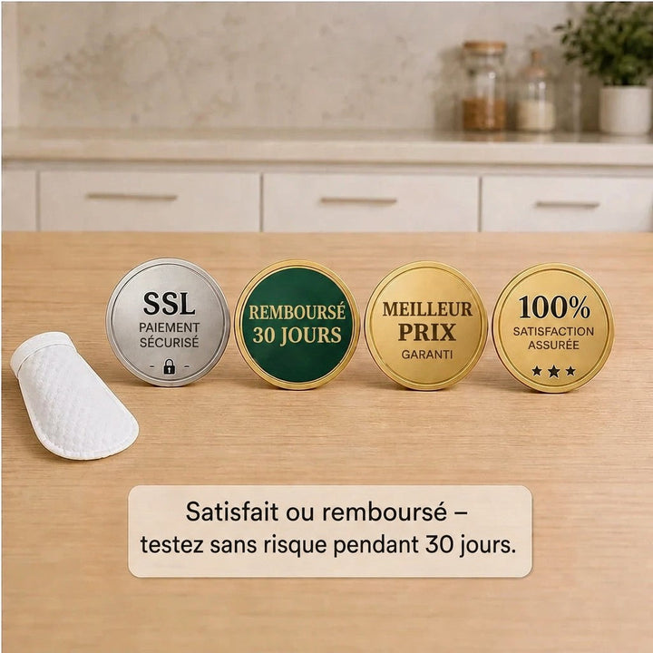 Capuchon filtrant blanc posé sur une table en bois à côté de quatre médaillons de garantie et de paiement sécurisé. 10