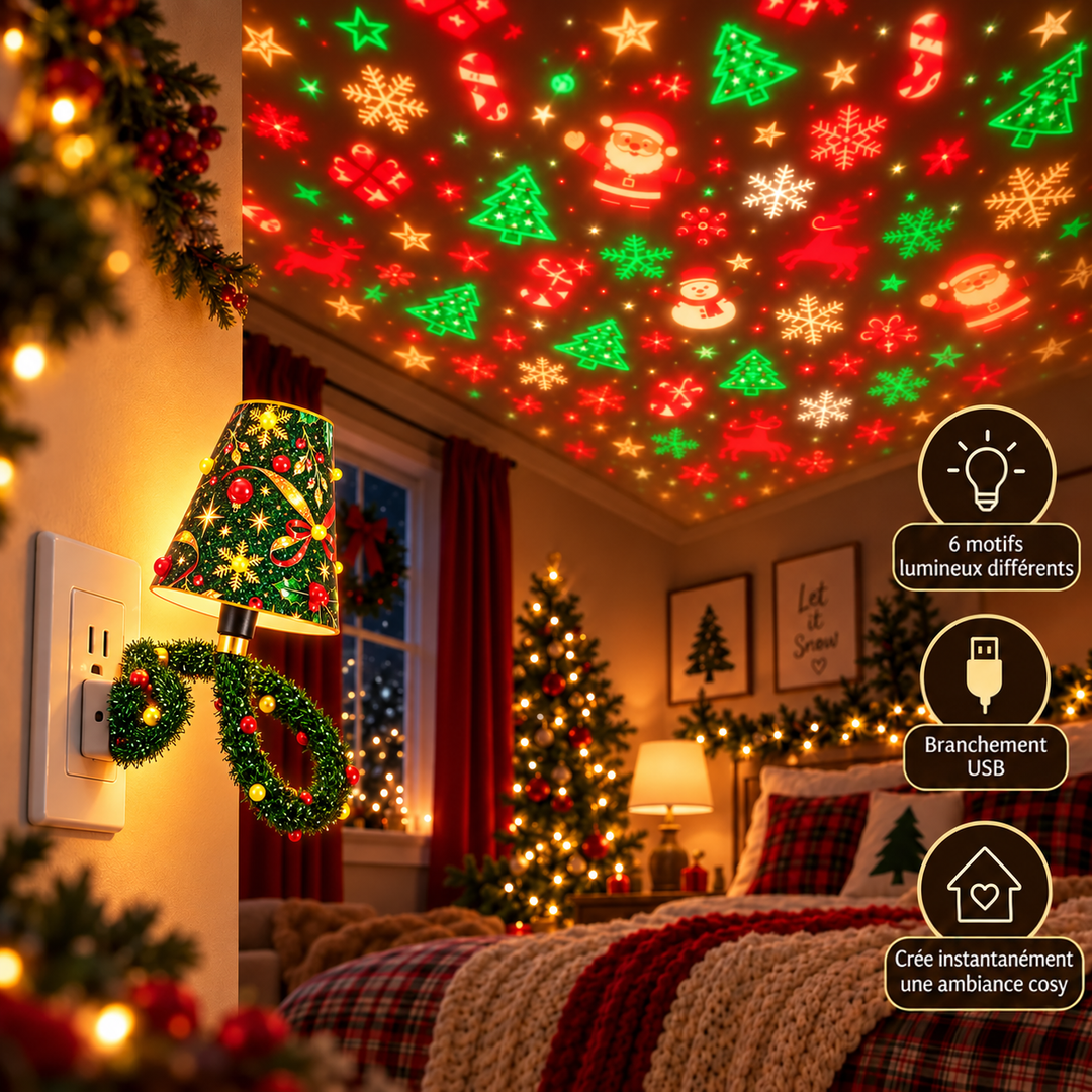 Projecteur branché à une prise murale dans une chambre de Noël, motifs lumineux de sapins, flocons et père Noël sur le plafond. 6