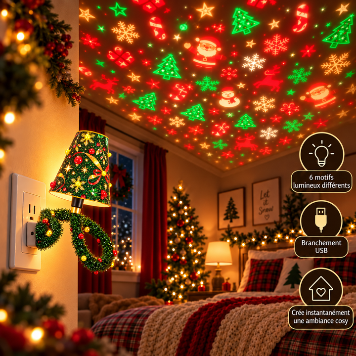 Projecteur branché à une prise murale dans une chambre de Noël, motifs lumineux de sapins, flocons et père Noël sur le plafond. 6