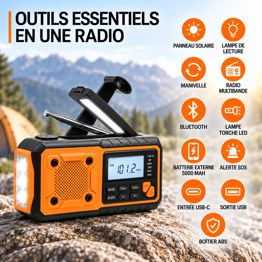 Radio sur un rocher en montagne, entourée d'icônes de ses fonctions: solaire, Bluetooth, batterie externe, lampe, alerte SOS 7