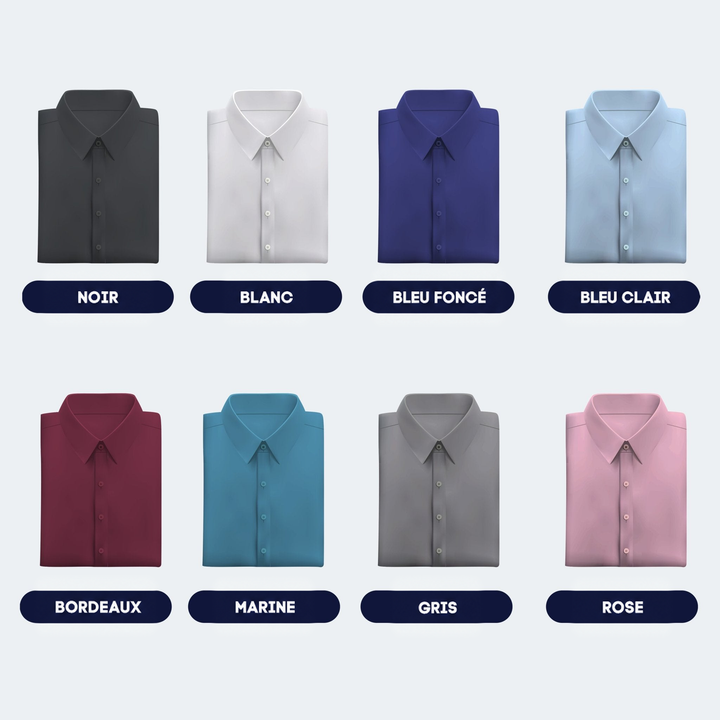 Huit chemises pliées en grille, présentant les coloris disponibles: noir, blanc, bleus, bordeaux, gris et rose 13