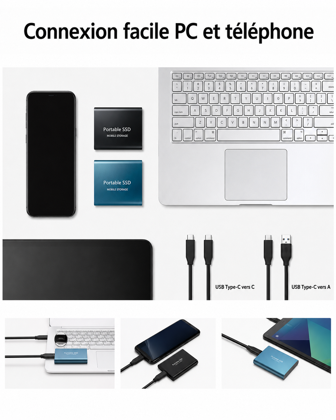 Disques SSD noir et bleu disposés autour d'un smartphone, d'un ordinateur portable et d'une tablette, avec câbles USB-C et USB-A. 4