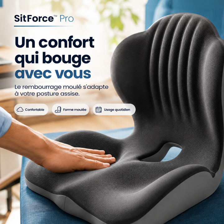 Gros plan sur le coussin noir texturé, une main posée sur l'assise en mousse 14
