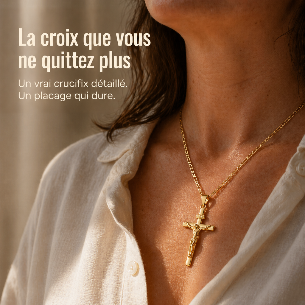 Gros plan sur le cou d'une femme en chemise blanche portant le crucifix doré sur chaîne Figaro 1