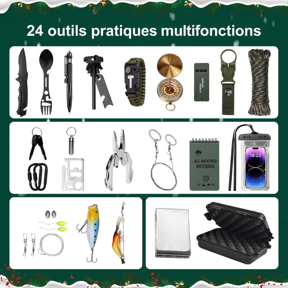 Planche récapitulative des 24 outils de survie rangés par catégories sur fond vert de Noël 2