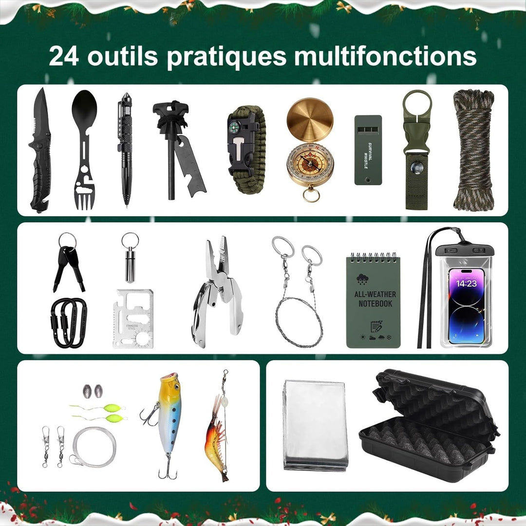 Planche récapitulative des 24 outils de survie rangés par catégories sur fond vert de Noël 2