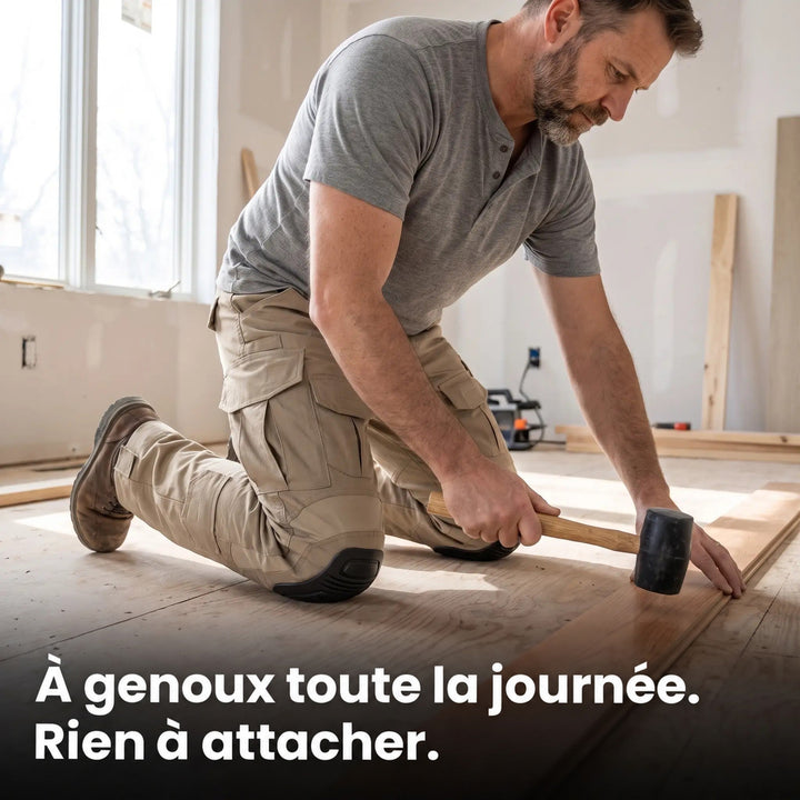 Ouvrier à genoux sur un parquet en chantier, portant un pantalon cargo beige avec genouillères noires et tenant un maillet. 3
