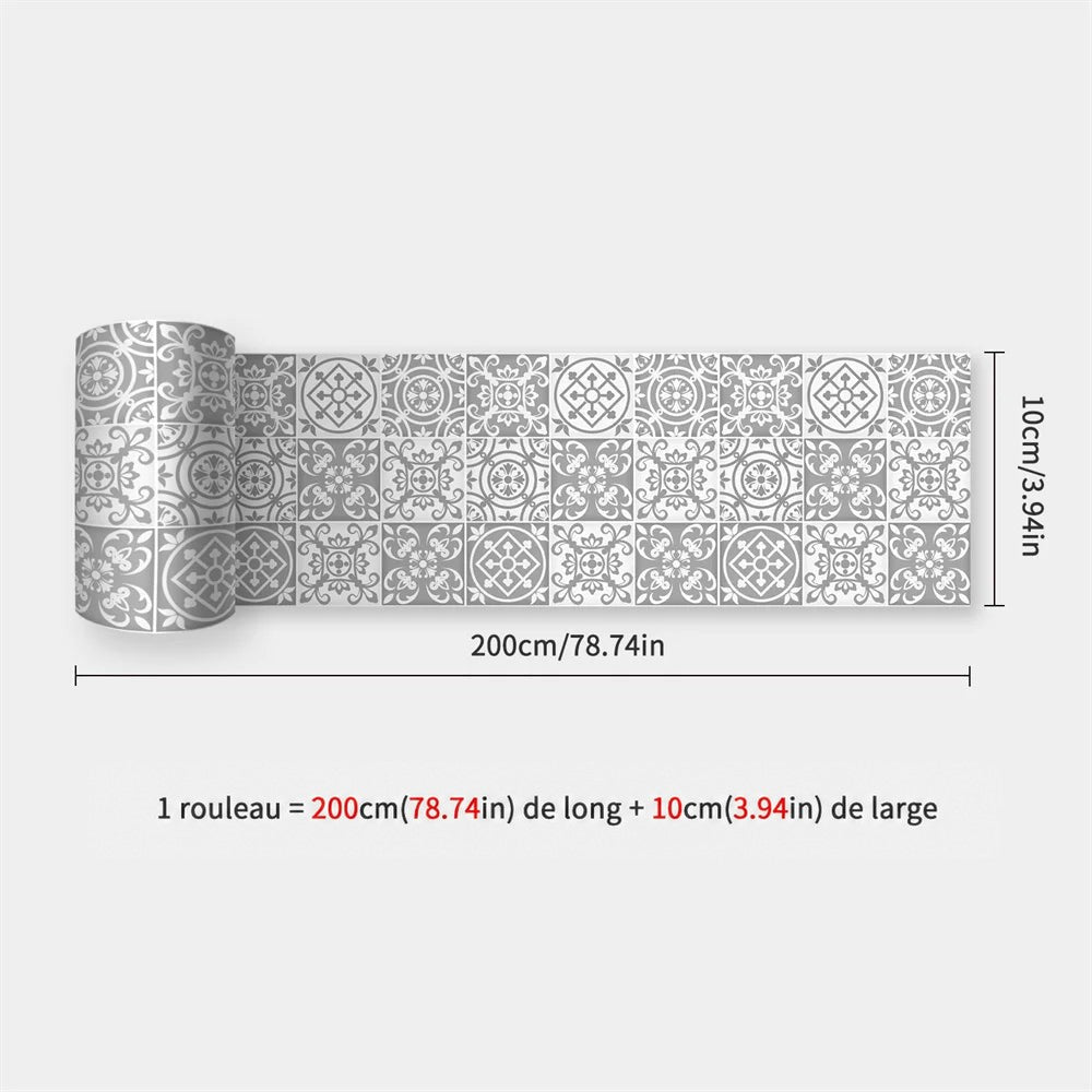 Rouleau à carreaux gris et blancs à motifs floraux de style carreaux de ciment, avec dimensions 57
