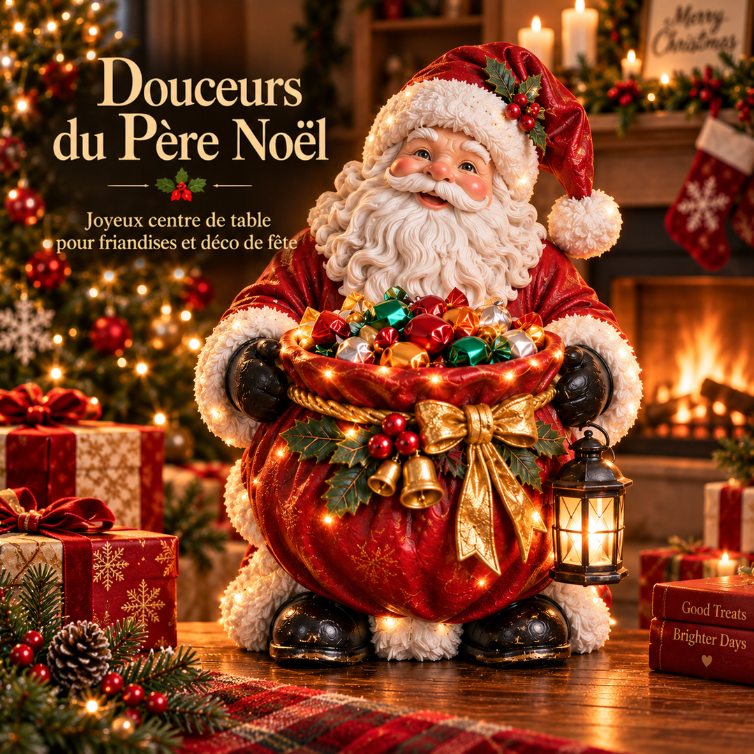 Figurine du Père Noël tenant un grand sac rouge rempli de bonbons, devant un décor de cheminée 1