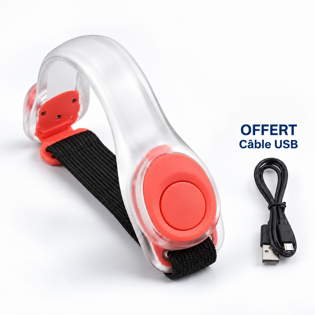 Brassard transparent à bouton rouge et sangle noire, avec son câble de charge USB 1