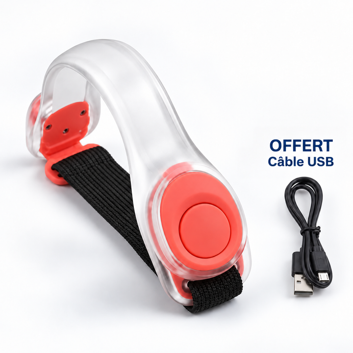 Brassard transparent à bouton rouge et sangle noire, avec son câble de charge USB 1