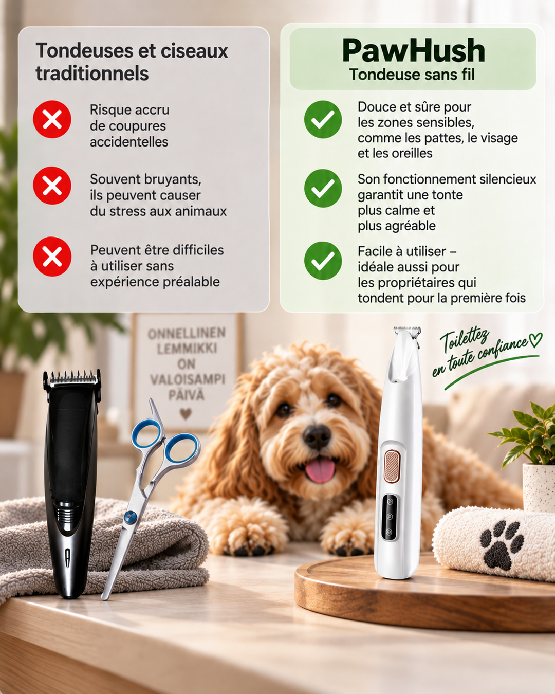 Comparatif entre une tondeuse noire classique avec ciseaux et cette tondeuse blanche compacte, avec un chien au centre 4