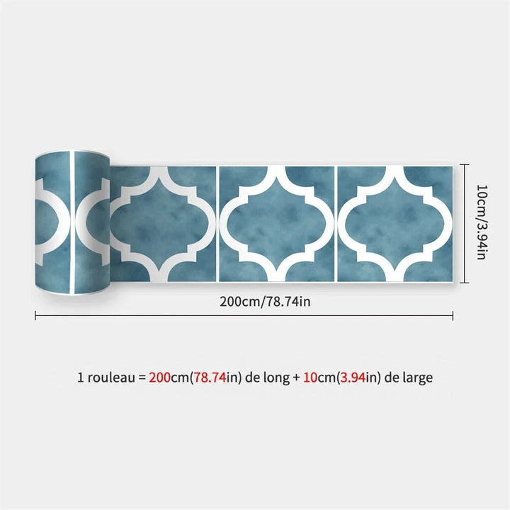 Rouleau bleu-gris orné de motifs blancs en forme de lanterne, avec dimensions indiquées 55