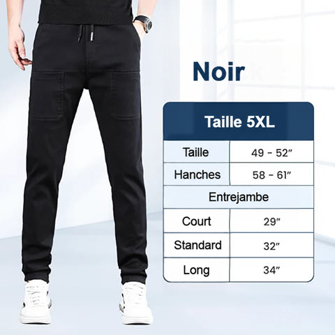 Pantalon noir porté de face à côté d'un tableau des mensurations en taille 5XL 26