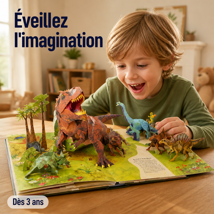 Enfant ravi, bouche ouverte, devant un livre ouvert dont les dinosaures en papier se dressent 6