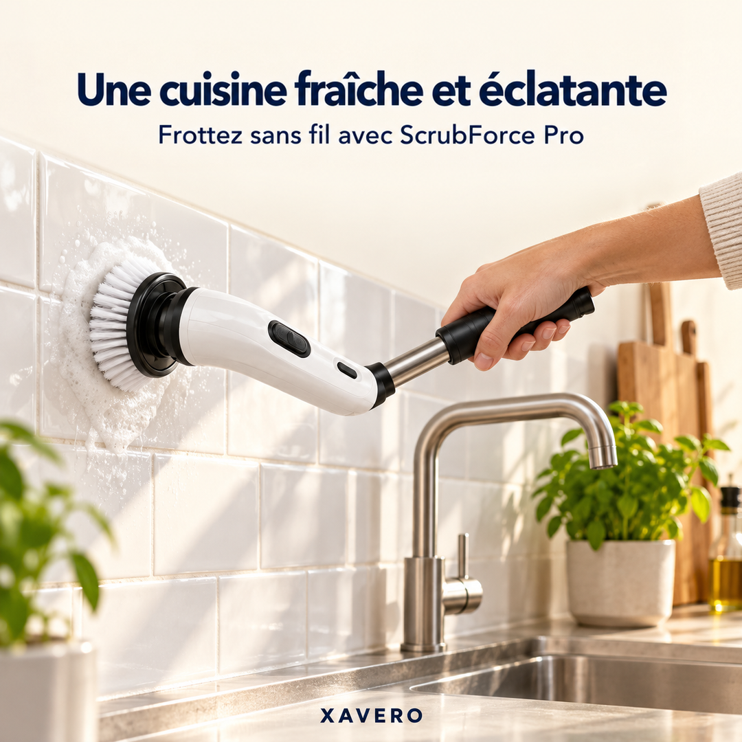 Main tenant la brosse contre un mur de carrelage blanc de cuisine, avec de la mousse près de l'évier 7