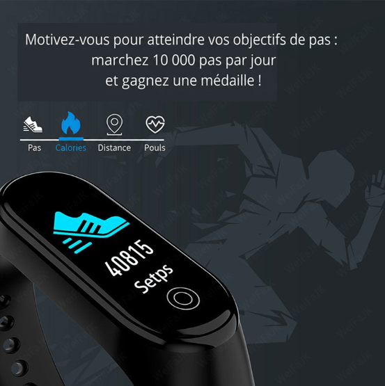 Gros plan sur l'écran affichant un compteur de pas, avec silhouette de coureur et icônes d'activité 4