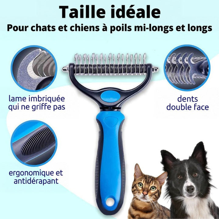 Peigne bleu et noir entouré de gros plans sur la lame, les dents double face et la poignée antidérapante, avec un chat et un chien. 1