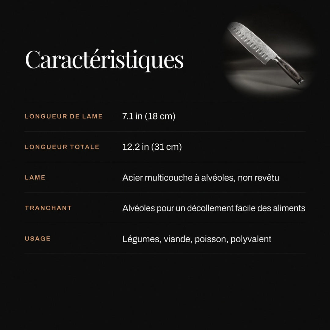 Tableau de caractéristiques sur fond noir, avec une petite vignette du couteau en haut à droite 4