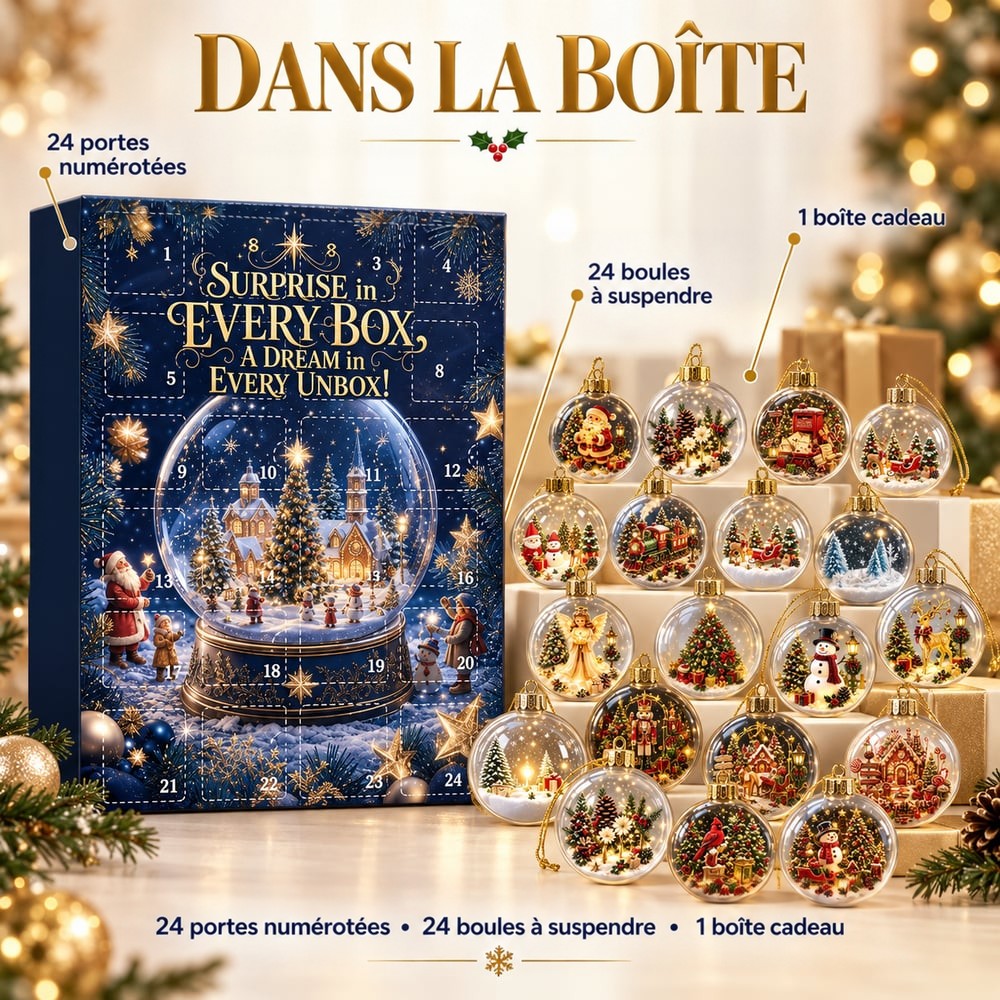 Calendrier fermé à côté des vingt-quatre boules suspendues disposées en gradins, contenu complet du coffret 8