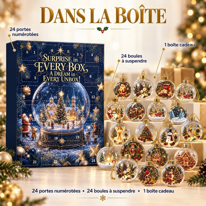 Calendrier fermé à côté des vingt-quatre boules suspendues disposées en gradins, contenu complet du coffret 8