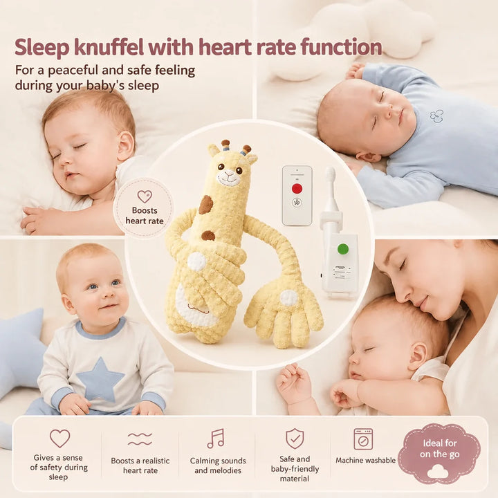 Montage de bébés endormis ou souriants autour d'une peluche girafe jaune, sa télécommande et son boîtier, avec ses fonctions listées en anglais. 5